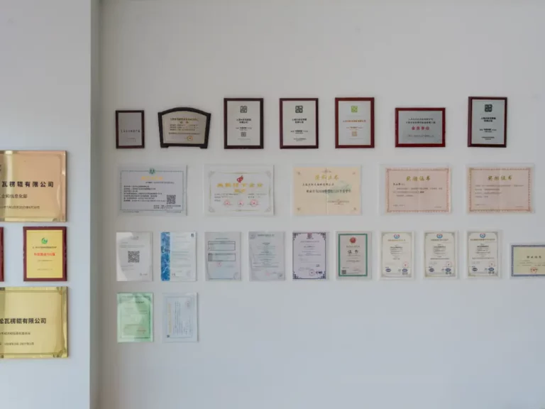 Organized display of company certifications including ISO certificates, patents