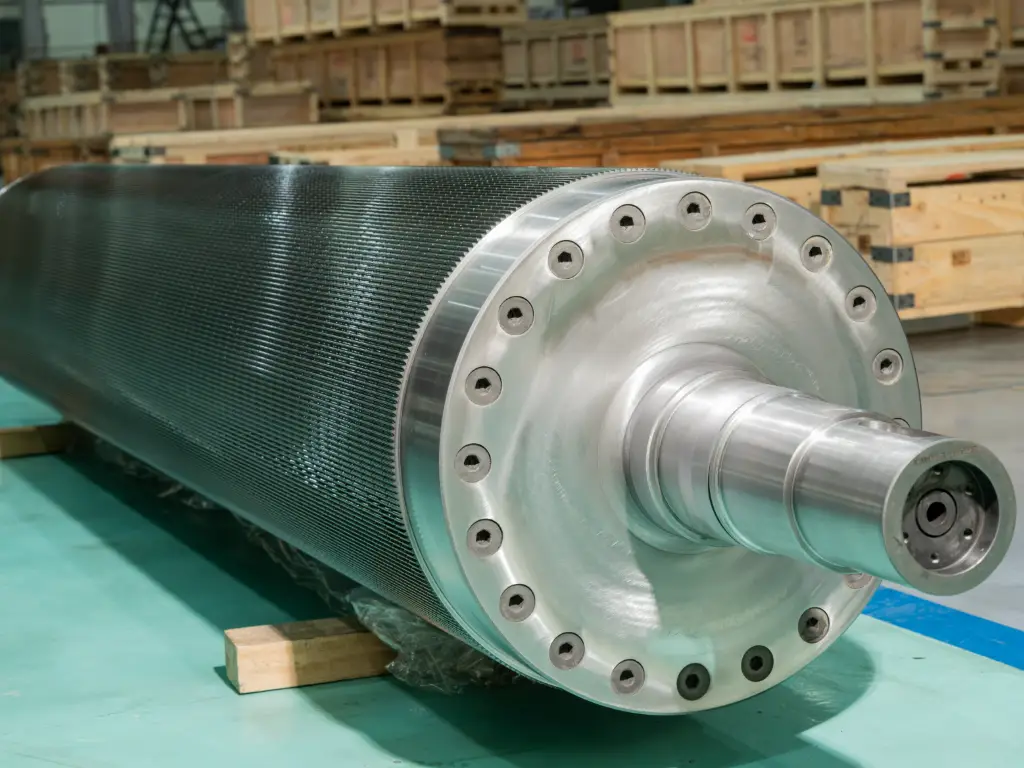 A large, finished RMM corrugating roll with a textured surface resting on wooden supports.