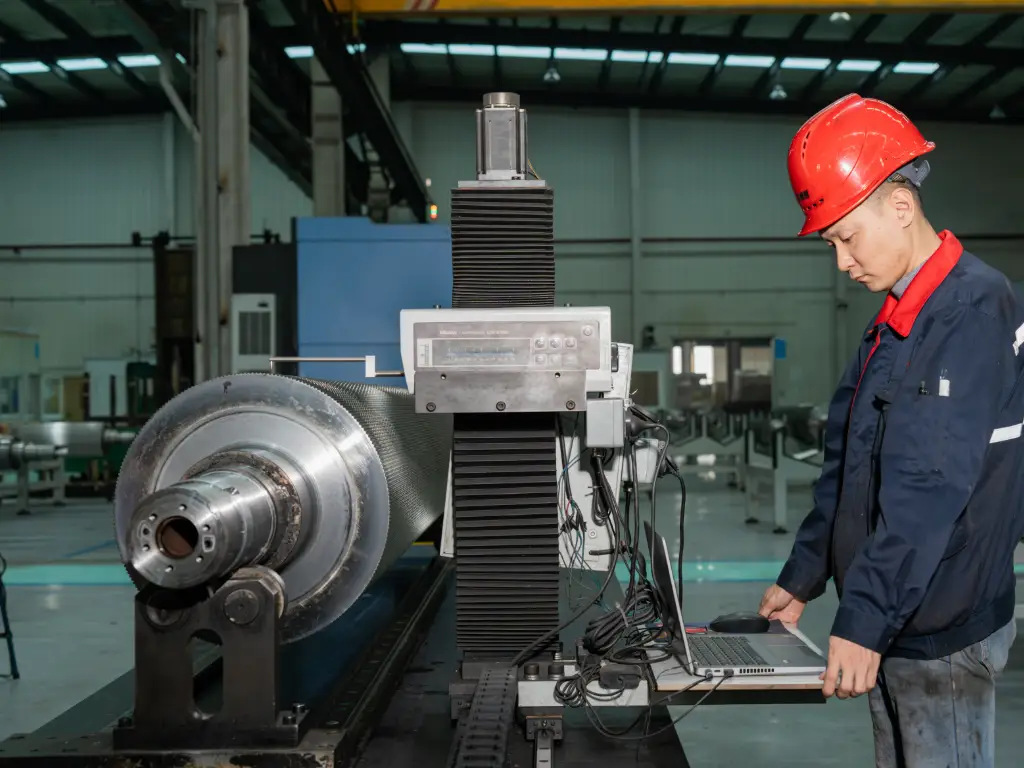Workers use Mitutoyo instruments to measure a roller.