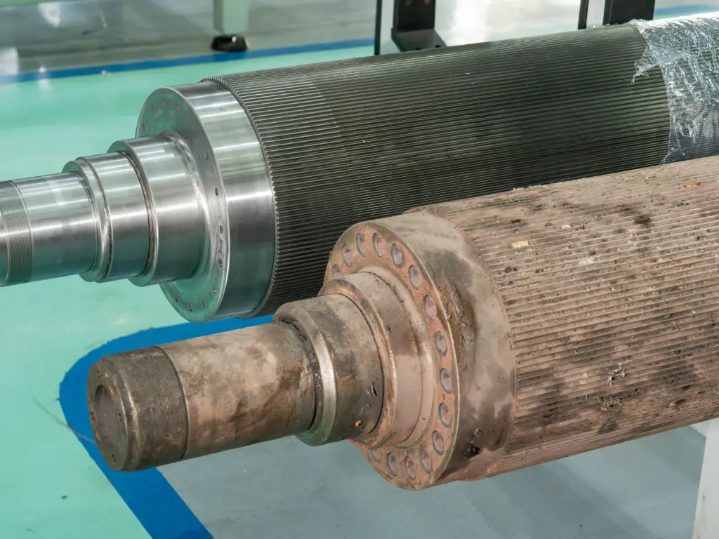 Visual comparison of a corrugated roll's condition before and after RMM's restoration work.