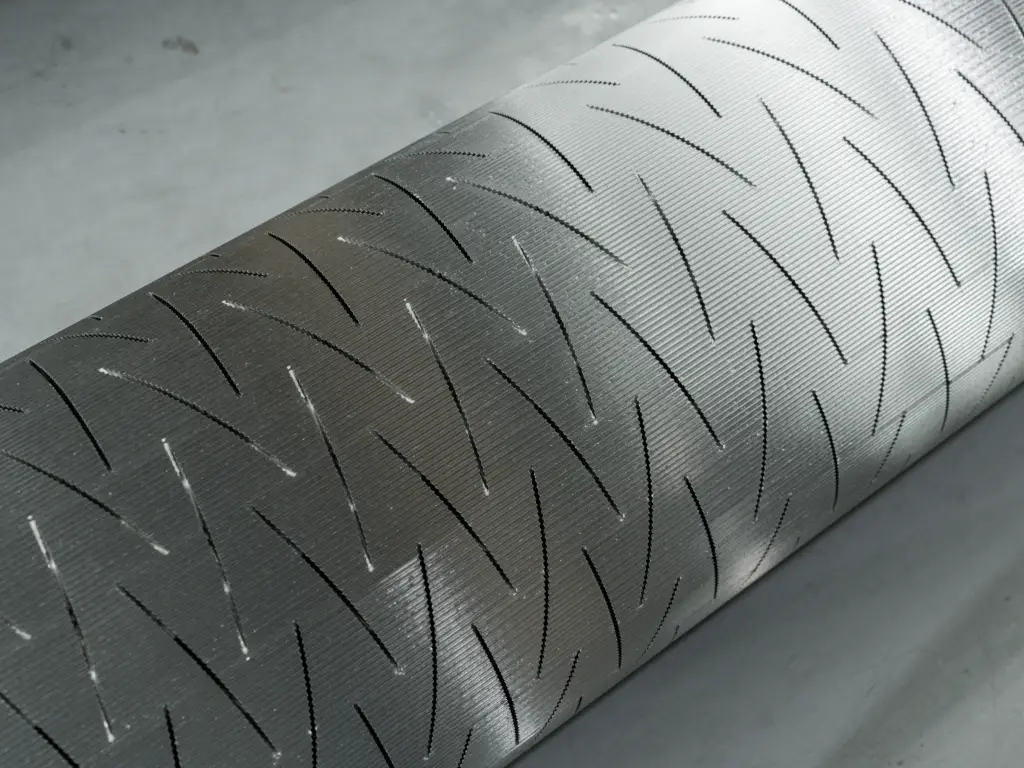 Detailed view of the surface finish and structure of corrugated roll flutes.